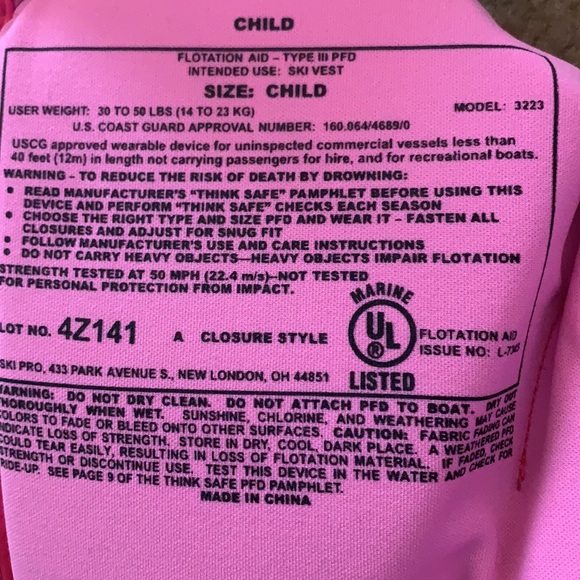HO sports Life Vest, child (30 to 50lbs), pink - Picture 3 of 5
